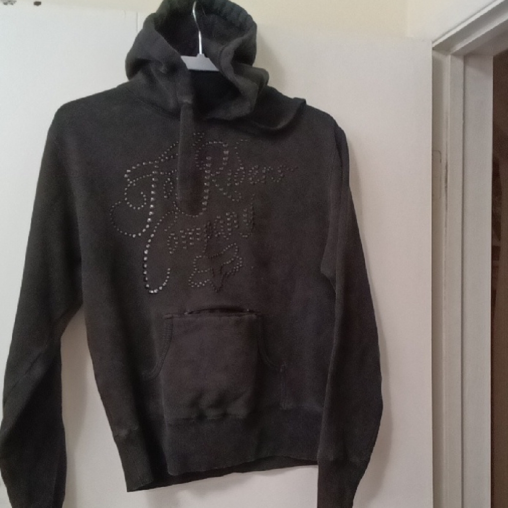 Women's Dark Black Hooded FOX Sweatshirt with Stud Detail